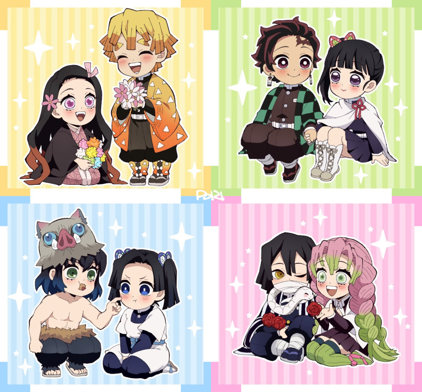 4boys, 4girls, :t, agatsuma_zenitsu, animal_around_neck, black_hair, black_pants, blonde_hair