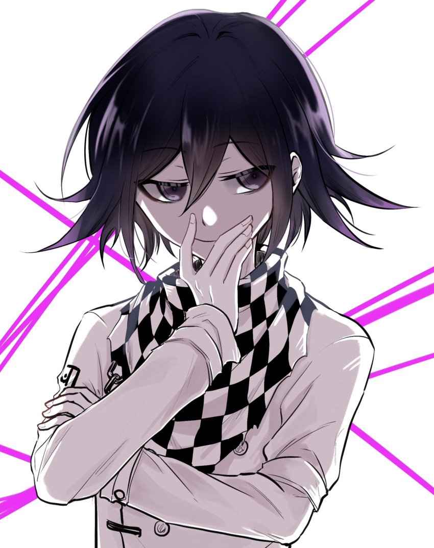 1boy, black_hair, buttons, checkered_neckerchief, covering_own_mouth, danganronpa_(series), danganronpa_v3:_killing_harmony, double-breasted