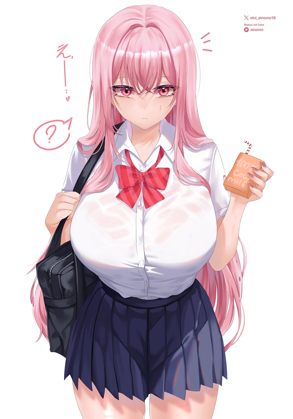 1girl, :c, ?, alternate_costume, artist_name, bag, black_bag, blue_skirt