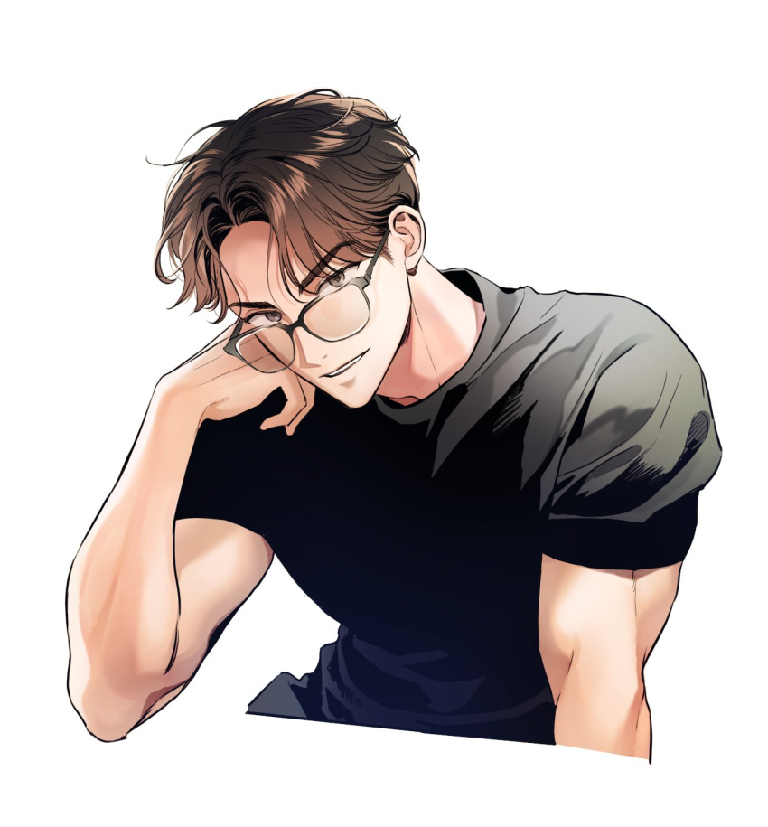 1boy, animification, black_shirt, brown_eyes, brown_hair, commentary, highres, izzi315