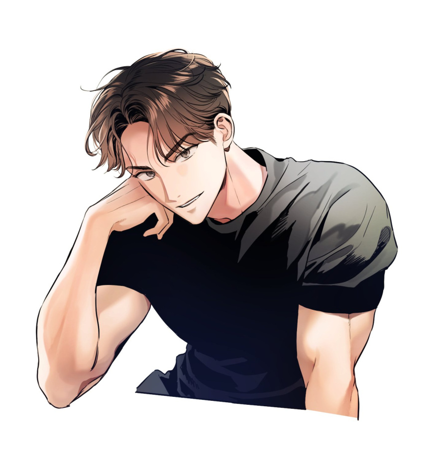 1boy, animification, black_shirt, brown_eyes, brown_hair, commentary, highres, izzi315