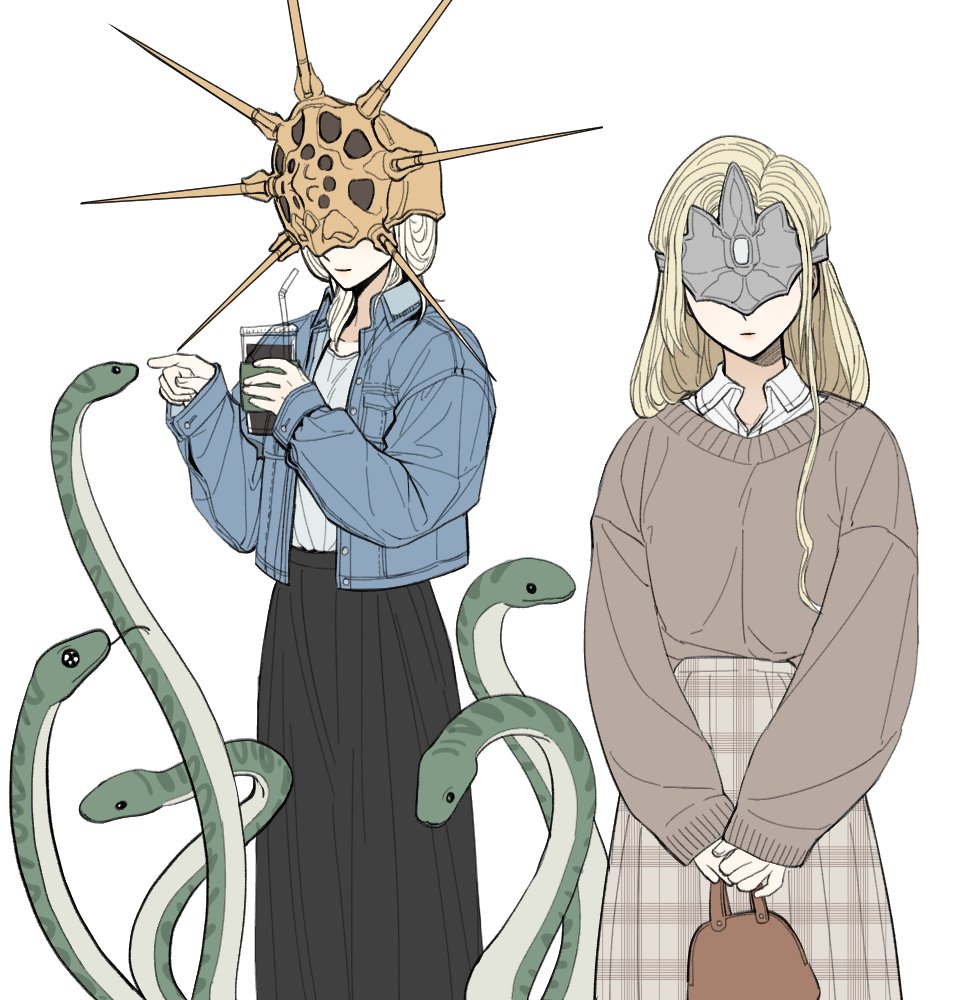 1boy, 1girl, animal, bag, black_skirt, brown_bag, brown_sweater, closed_mouth
