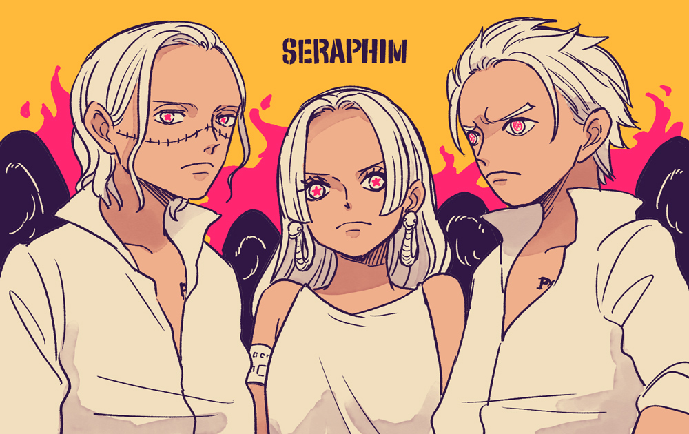 1girl, 2boys, black_wings, boa_hancock, closed_mouth, commentary_request, dracule_mihawk, dress