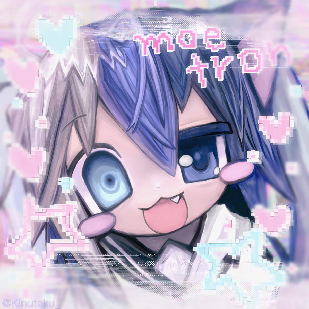 :3, animal_ears, asymmetrical_eyes, blue_eyes, blush_stickers, brown_hair, cat_ears, fang