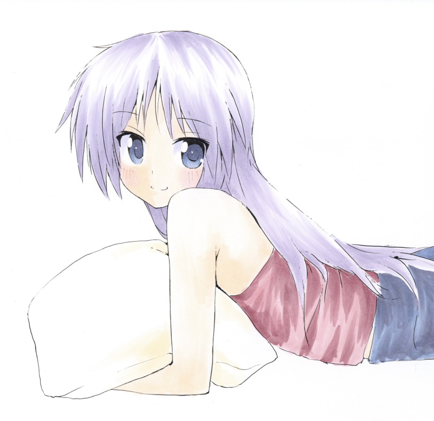1girl, bare_shoulders, blue_eyes, blush, closed_mouth, highres, hiiragi_kagami, hugging_object