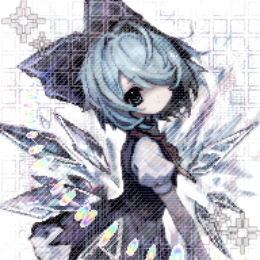 1girl, blue_eyes, blue_hair, bow, cirno, dress, hair_bow, highres