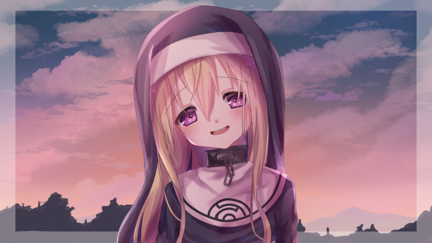 1girl, blonde_hair, chain, chaos_(sora_no_otoshimono), clouds, cloudy_sky, collar, dusk