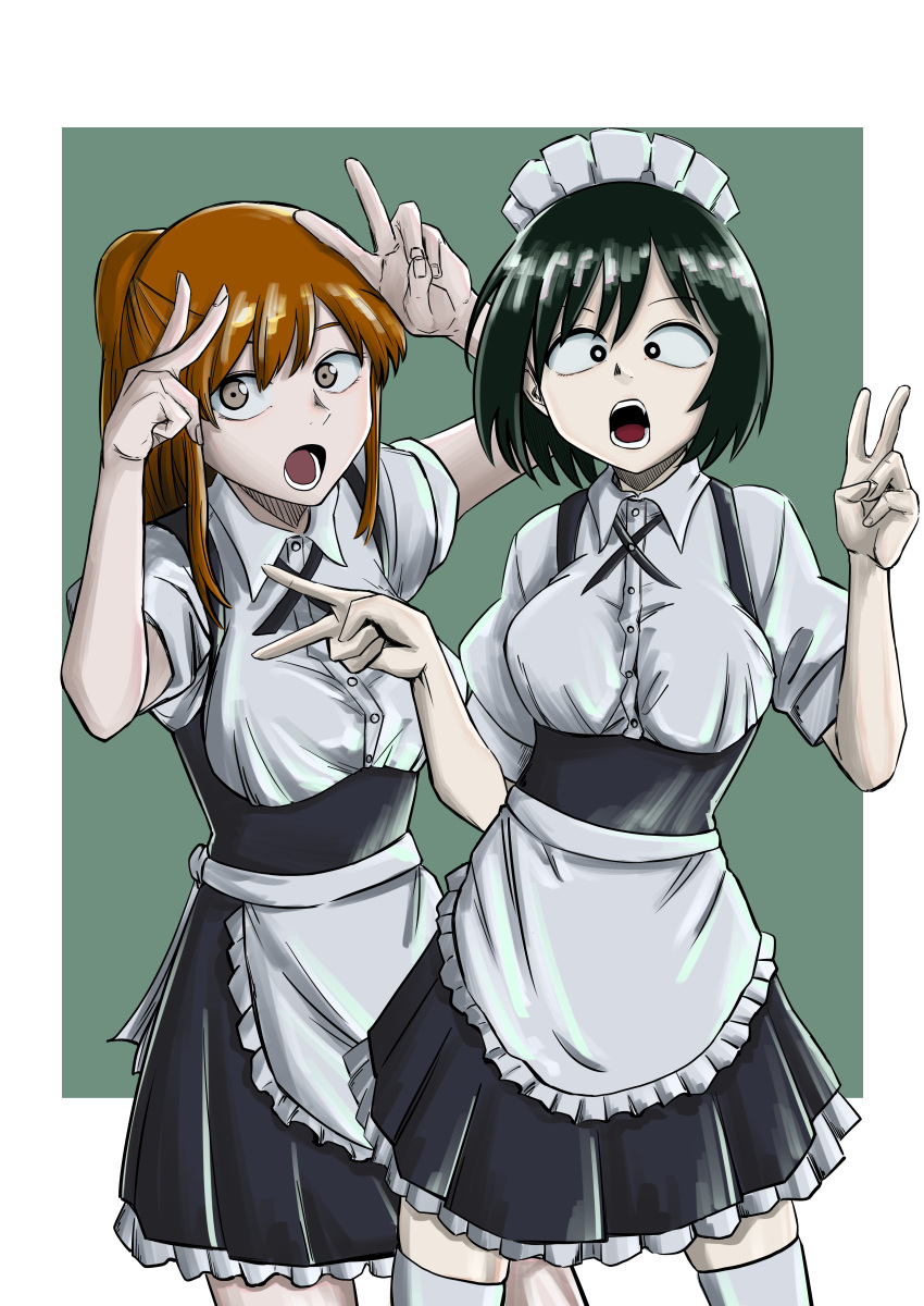2girls, absurdres, apron, asagaya_(colcol), black_eyes, black_hair, breasts, brown_eyes