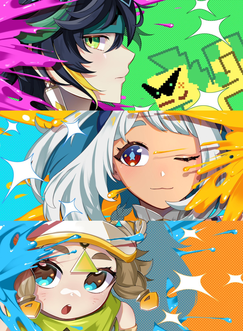 1boy, 2girls, :o, ;3, ajaw_(genshin_impact), aqua_headband, bandana, black_hair