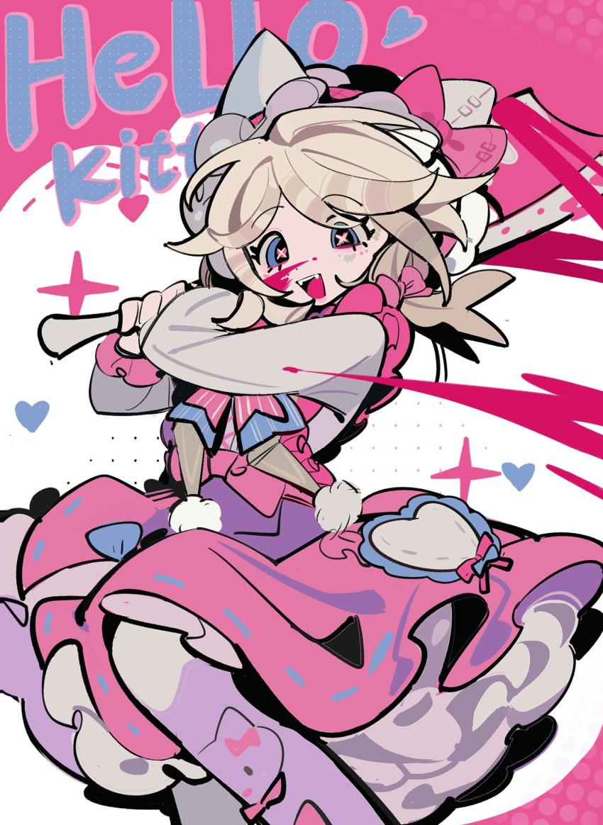 1girl, :d, animal_ear_hairband, animal_ears, ankle_bow, baseball_bat, blonde_hair, blood