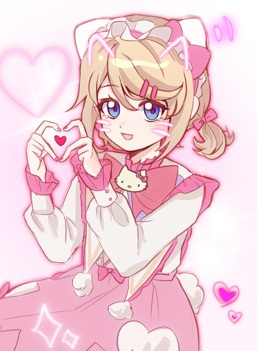 1girl, 4-finger_heart_hands, animal_ear_hairband, animal_ears, blonde_hair, blue_eyes, bow, bowtie