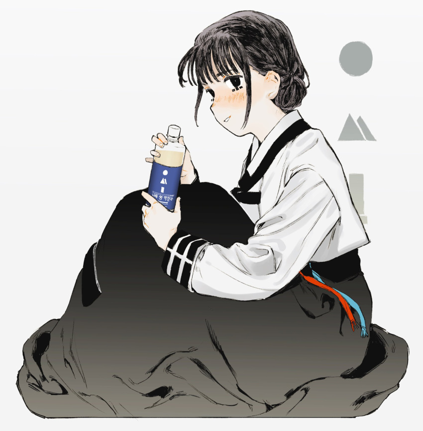 black_eyes, black_hair, black_skirt, bottle, full_body, hair_up, hanbok, highres