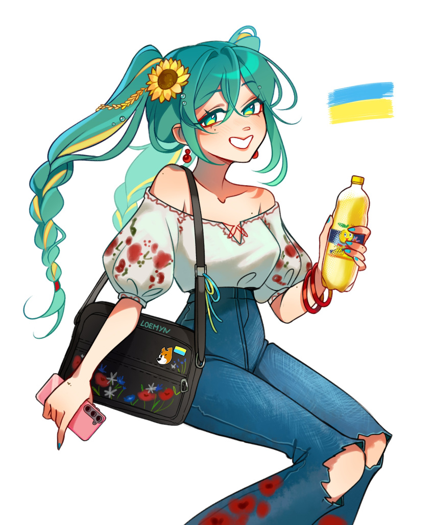 1girl, absurdres, alternate_costume, alternate_hairstyle, aqua_eyes, aqua_hair, artist_name, badge