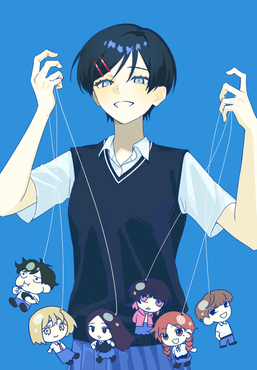 2boys, 5girls, absurdres, black_hair, black_sweater_vest, blonde_hair, blue_background, blue_hair