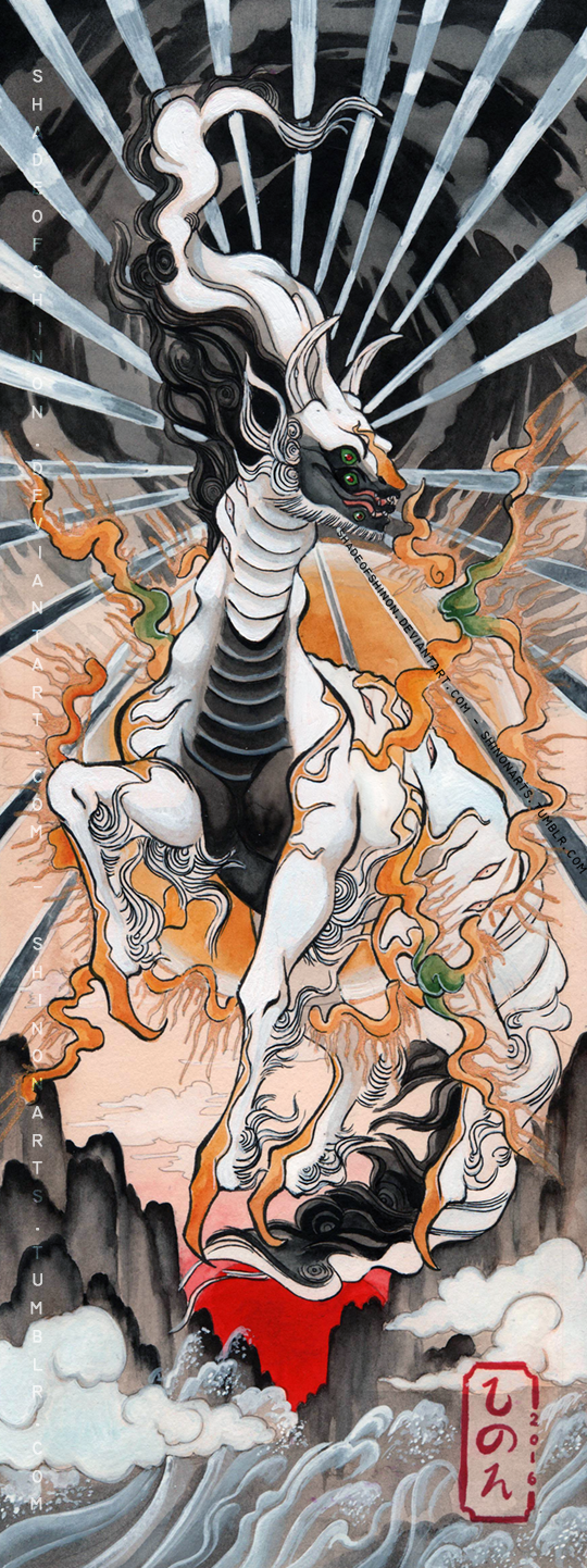 animal_focus, arceus, artist_name, clouds, colored_sclera, commentary, dated, deviantart_username, english_commentary, extra_eyes, extra_mouth, eyes_on_body, eyes_on_jaw, fire, full_body, green_sclera, highres, mountain, multiple_mouths, nihonga, no_humans, notice_lines, painting_(medium), parted_lips, pokemon, pokemon_(creature), red_eyes, shadeofshinon, sharp_teeth, solo, sunburst, teeth, traditional_media, tumblr_username, ukiyo-e, watercolor_(medium), web_address