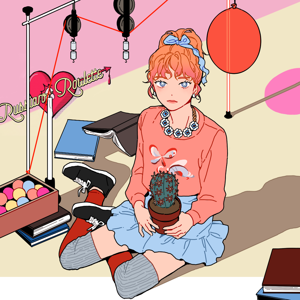 1girl, balloon, black_footwear, blue_ribbon, blue_skirt, book, cactus, celandine_93, closed_mouth, earrings, full_body, hair_ribbon, jewelry, k-pop, long_sleeves, looking_at_viewer, necklace, orange_hair, pink_shirt, ponytail, real_life, red_lips, red_velvet_(group), ribbon, seulgi_(red_velvet), shirt, skirt, solo, song_name, thigh-highs