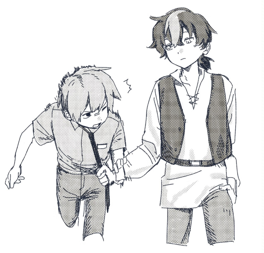 2boys, animification, belt, cosplay, greyscale, grian_(permit_office)_(hermitcraft), grian_(youtuber), hermitcraft