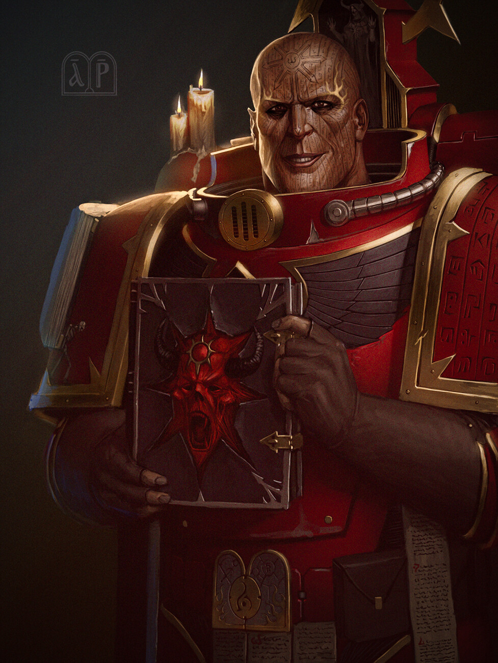 1boy, adeptus_astartes, arhpriest, armor, bald, book, brown_eyes, candle, chaos_(warhammer), chaos_space_marine, chaplain, cropped_legs, demon, erebus_(wh40k), evil_smile, facial_tattoo, fingerless_gloves, gloves, heresy, hieroglyphics, highres, holding, holding_book, power_armor, smile, tattoo, warhammer_40k, word_bearers