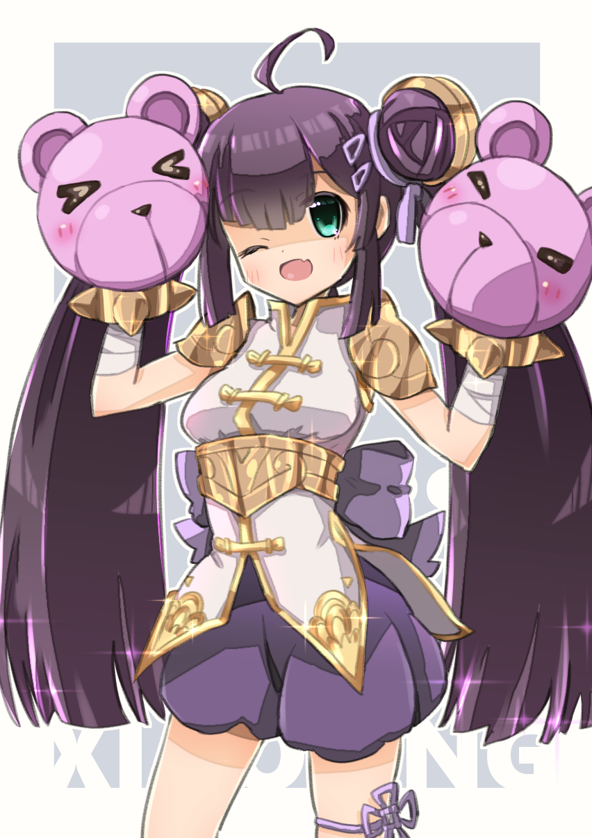 1girl, armor, az:u, bloomers, breasts, chinese_clothes, green_eyes, highres, long_hair, one_eye_closed, open_mouth, purple_hair, saint_seiya, saint_seiya:_rising_cosmo, smile, solo, standing, twintails, underwear, ursa_minor_xiaoling_(saint_seiya:_rising_cosmo)