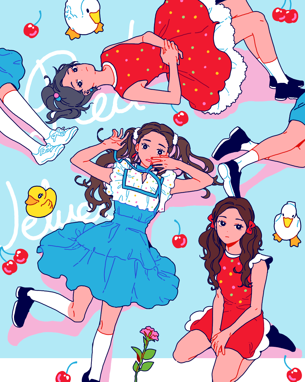 5girls, bird, blue_dress, brown_hair, celandine_93, cherry, commentary, dress