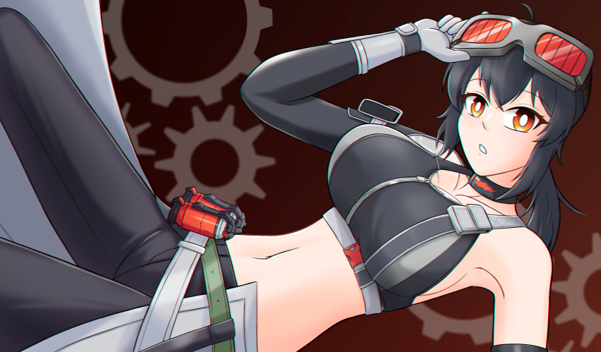 absurdres, arm_pouch, belt, black_hair, black_pants, black_sports_bra, breasts, enbu_(enbu_steel00), explosive, goggles, goggles_on_head, grace_howard, grenade, grey_belt, hand_on_goggles, highres, large_breasts, pants, parted_lips, ponytail, red_eyes, self-upload, shoulder_tattoo, solo, sports_bra, stomach, tattoo, zenless_zone_zero, zipper_top