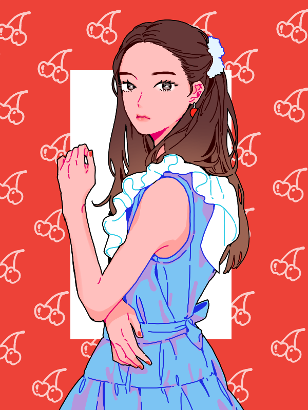 1girl, animification, blue_dress, brown_hair, celandine_93, cherry, cherry_earrings, closed_mouth, commentary, cowboy_shot, dress, earrings, food, food-themed_earrings, fruit, jewelry, k-pop, long_hair, looking_at_viewer, profile, real_life, red_nails, red_velvet_(group), seulgi_(red_velvet), sleeveless, sleeveless_dress, solo, symbol-only_commentary