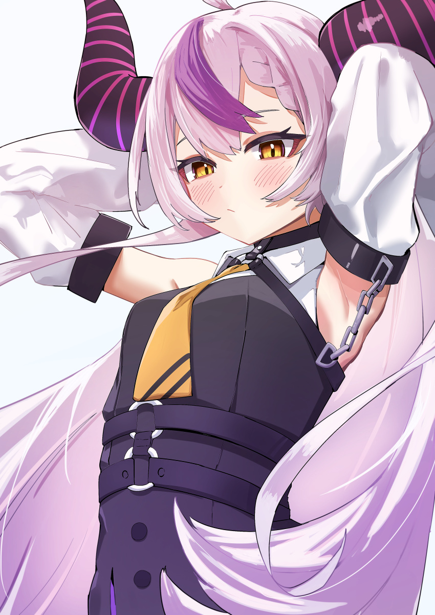 1girl, absurdres, ahoge, blush, demon_horns, detached_sleeves, dress, futoshi_tanaka