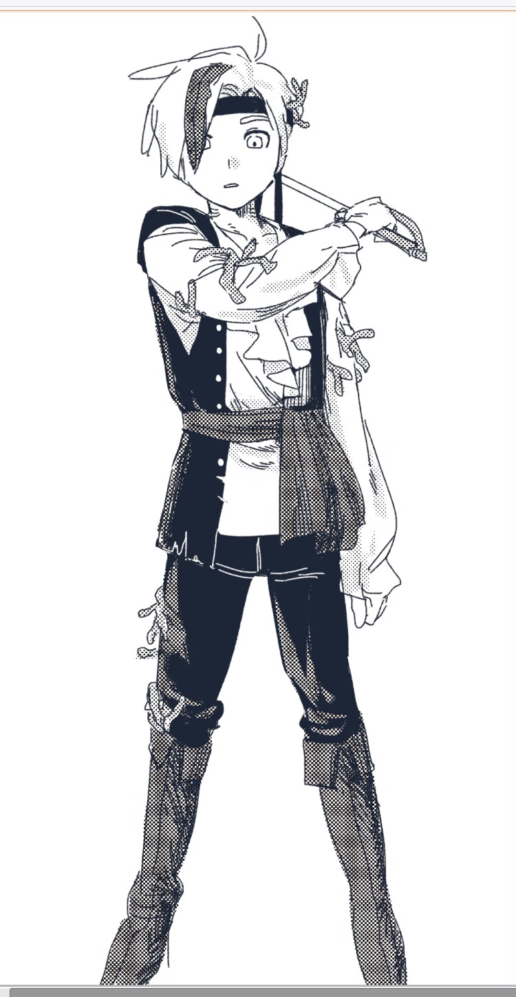 1boy, boots, commentary, copyright_request, cowboy_shot, greyscale, hair_over_one_eye, hashtag-only_commentary