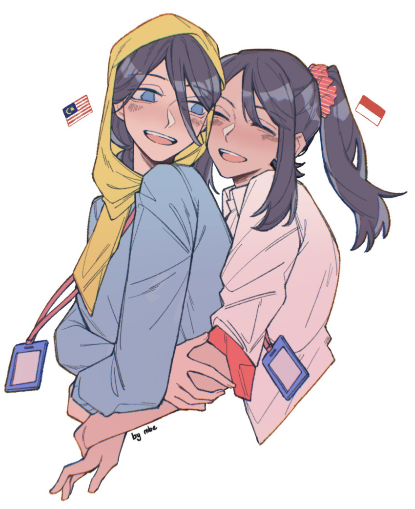 2girls, black_hair, blue_eyes, blush, closed_eyes, collared_shirt, hair_ornament, hair_scrunchie