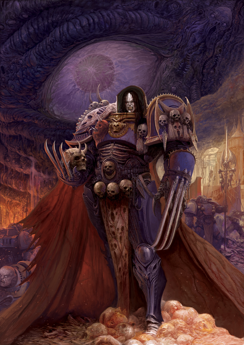 4boys, adeptus_astartes, black_hair, blind_eye, chaos_(warhammer), chaos_space_marine, colored_skin, corona_nox_(warhammer), flayed_skin, grey_skin, highres, konrad_curze, lightning_claw, long_hair, multiple_boys, night, night_lords, primarch, skull, the_nightmare_mantle, warhammer_40k