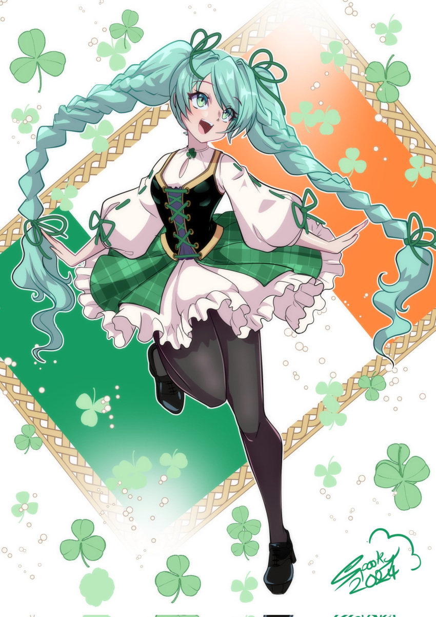 1girl, alcohol, aqua_eyes, aqua_hair, beer, black_footwear, black_pantyhose, bubble