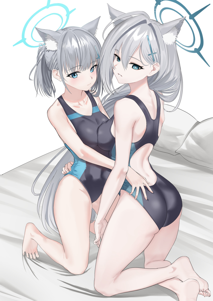 2girls, absurdly_long_hair, absurdres, alternate_form, animal_ears, bare_arms, bare_legs, barefoot