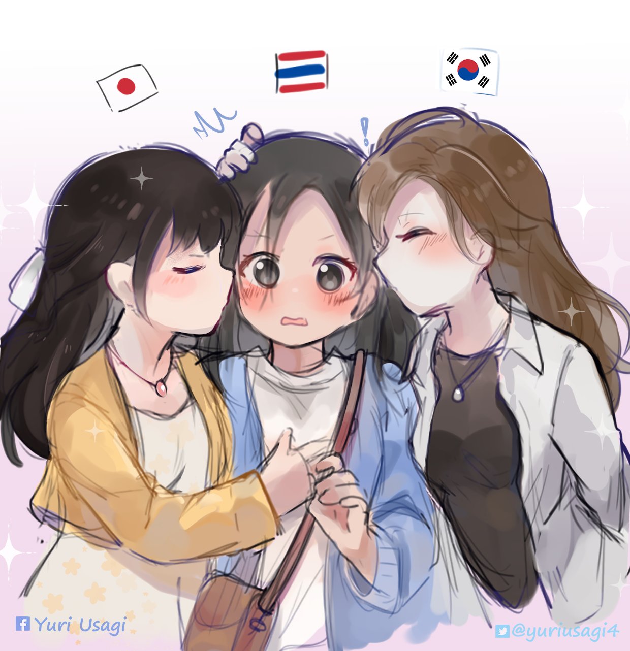 3girls, bag, black_eyes, black_hair, black_shirt, blue_cardigan, blush, brown_hair