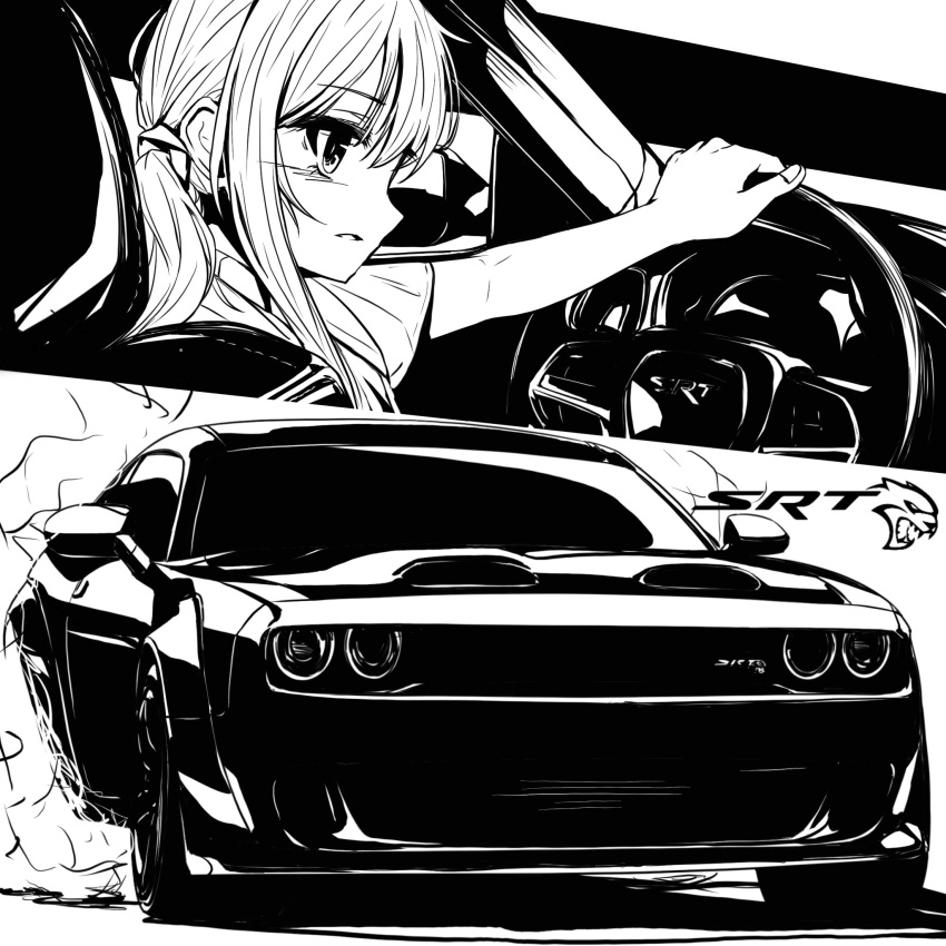 1girl, bad_id, bad_twitter_id, burnout, car, dodge_(company), dodge_challenger, dodge_challenger_(3rd_generation)
