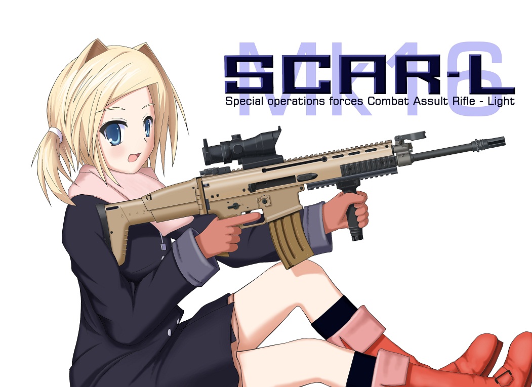 5.56x45mm_nato, bettou_izumi-shizuka_scarlett, blonde_hair, blue_eyes, boots, fabrique_nationale, female, fn_scar