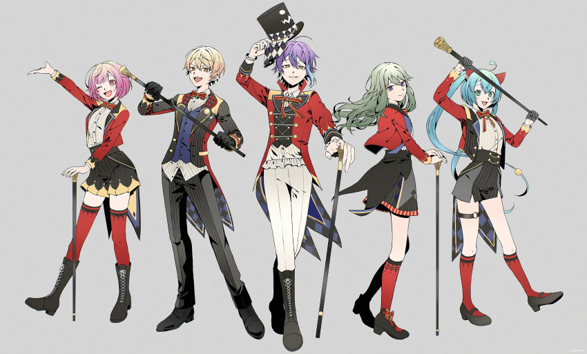 2boys, 3girls, arm_up, black_footwear, black_shorts, blue_hair, cane, full_body, grey_background, hat, hatsune_miku, highres, holding, holding_cane, holding_hat, holding_unworn_clothes, jacket, kamishiro_rui, kusanagi_nene, looking_at_viewer, multicolored_hair, multiple_boys, multiple_girls, napio, one_eye_closed, ootori_emu, open_mouth, parted_lips, pink_hair, potato_ni_natte_iku_(vocaloid), project_sekai, purple_hair, red_jacket, red_socks, red_thighhighs, short_hair, shorts, simple_background, smile, socks, streaked_hair, tenma_tsukasa, thigh-highs, top_hat, vocaloid, wonderlands_x_showtime_(project_sekai), wonderlands_x_showtime_miku, zenryoku!_wonder_halloween!_(project_sekai)