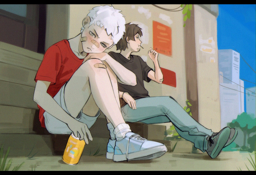 aged_down, aragaki_shinjirou, bandaid, bandaid_on_face, bandaid_on_knee, bandaid_on_leg, black_footwear, black_shirt