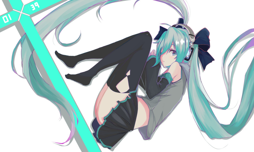 1girl, 39, absurdly_long_hair, bare_shoulders, black_bow, black_skirt, black_sleeves, black_thighhighs, bow, closed_mouth, commentary, detached_sleeves, eyebrows_hidden_by_hair, from_above, full_body, green_hair, grey_eyes, grey_shirt, hair_between_eyes, hair_bow, hair_spread_out, hands_up, hatsune_miku, headphones, highres, icexfire3, knees_together_feet_apart, legs, light_blush, long_hair, long_sleeves, looking_at_viewer, lying, miniskirt, no_shoes, on_side, pleated_skirt, shirt, simple_background, skirt, sleeveless, sleeveless_shirt, solo, thigh-highs, twintails, very_long_hair, vocaloid, white_background, wide_sleeves