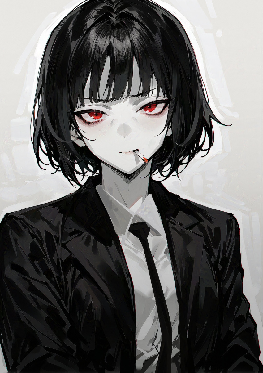 1girl, absurdres, atris2nd, black_hair, black_jacket, black_necktie, bob_cut, cigarette