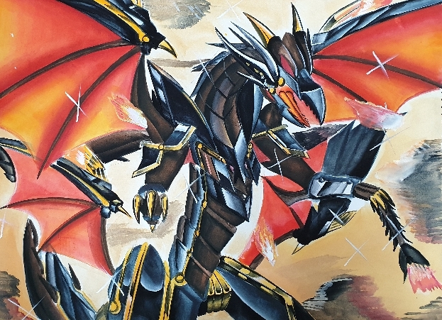 1other, dragon, duel_monster, facing_to_the_side, fire, looking_to_the_side, mecha, mechanical_arms