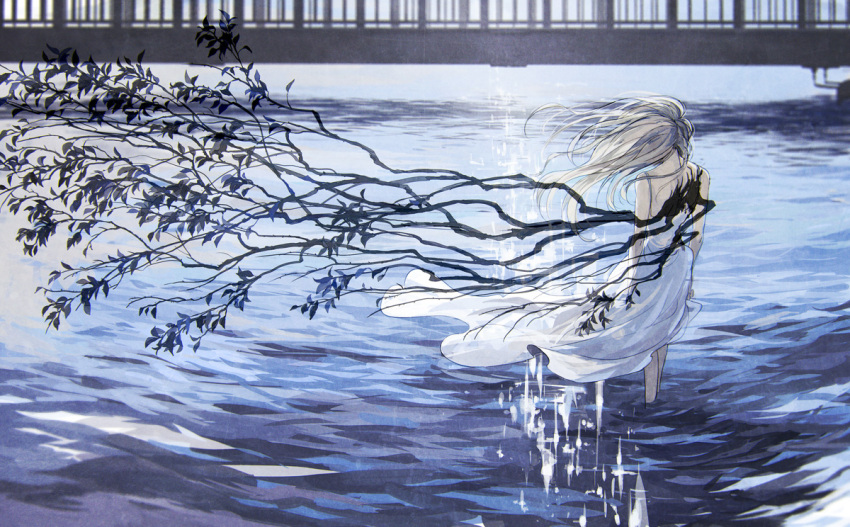 1girl, bare_back, bare_legs, bare_shoulders, blonde_hair, branch, bridge, dappled_sunlight