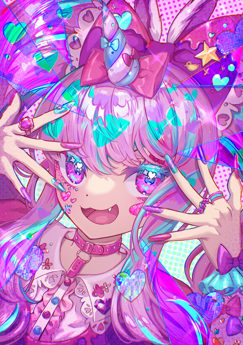 1girl, aqua_hair, bird, blue_nails, bow, colorful, duck, fake_nails