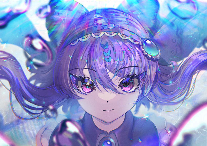 1girl, air_bubble, blue_brooch, blue_gemstone, blue_theme, bubble, closed_mouth, dot_nose