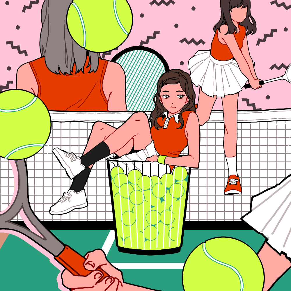 5girls, ball, black_socks, blunt_bangs, brown_hair, celandine_93, closed_mouth, commentary