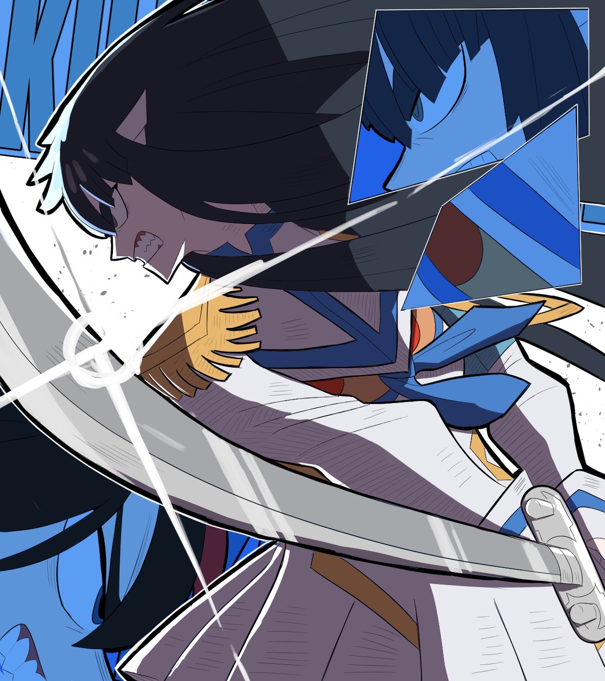 2girls, angry, bakuzan, bigflorito, black_hair, blue_background, blue_eyes, clenched_teeth, cut-in, epaulettes, highres, holding, holding_sword, holding_weapon, junketsu, kamui_(kill_la_kill), katana, kill_la_kill, kiryuuin_satsuki, long_hair, matoi_ryuuko, multiple_girls, siblings, sisters, sword, teeth, thick_eyebrows, uniform, weapon, white_background