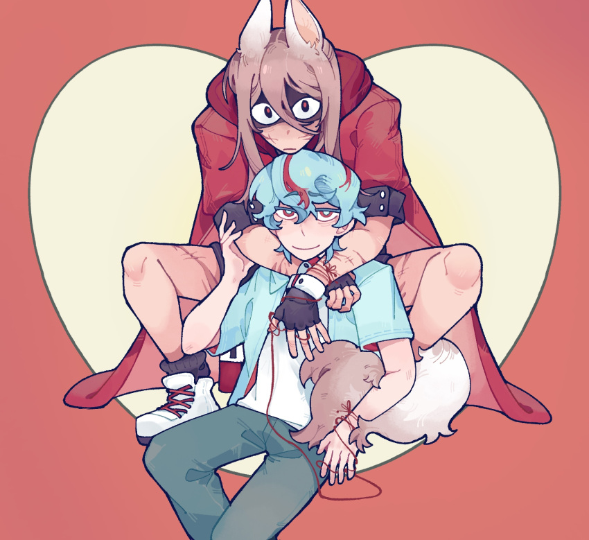 1boy, 1girl, animal_ears, animification, arms_around_neck, black_gloves, blue_hair, blue_jacket