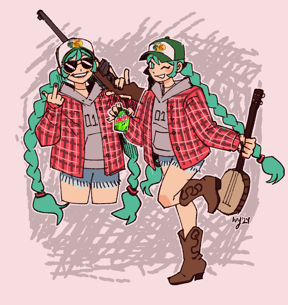 1girl, alternate_costume, aqua_hair, artist_request, banjo, bass_pro_shops, boots, brown_footwear