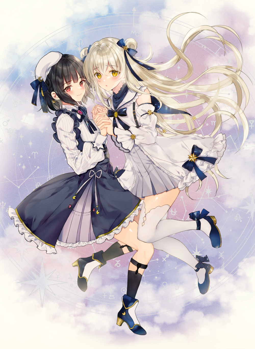 2girls, aries_(symbol), black_hair, black_skirt, blonde_hair, blue_footwear, blue_ribbon, blush, boots, closed_mouth, clouds, detached_sleeves, dress, frilled_skirt, frills, full_body, hair_ribbon, hat, highres, long_hair, long_sleeves, medium_hair, mizukikushou, multiple_girls, ophiuchus_(zodiac), original, red_eyes, ribbon, sagittarius_(symbol), shirt, shoes, skirt, smile, suspender_skirt, suspenders, thigh-highs, two_side_up, white_dress, white_hat, white_shirt, white_sleeves, white_thighhighs, yellow_eyes, zodiac