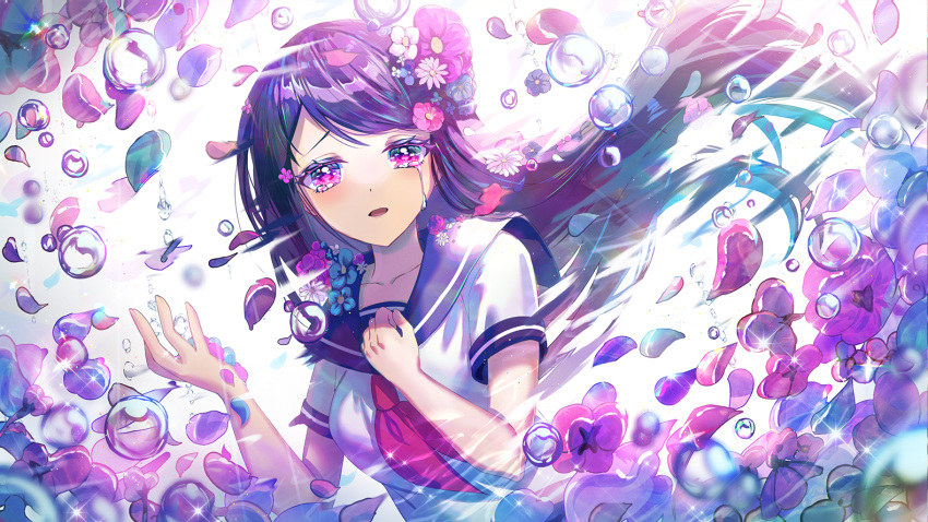 1girl, black_hair, blue_flower, blue_neckerchief, blush, breasts, bubble, dot_nose