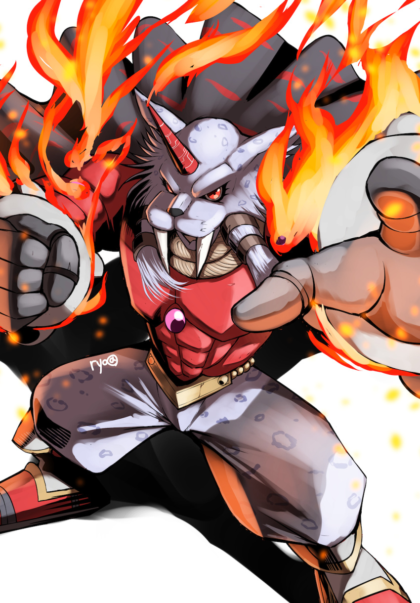 1boy, clenched_hand, digimon, digimon_(creature), fire, grey_pants, highres, horns